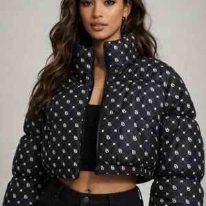 H&M Black and White Patterned Puffer Jacket